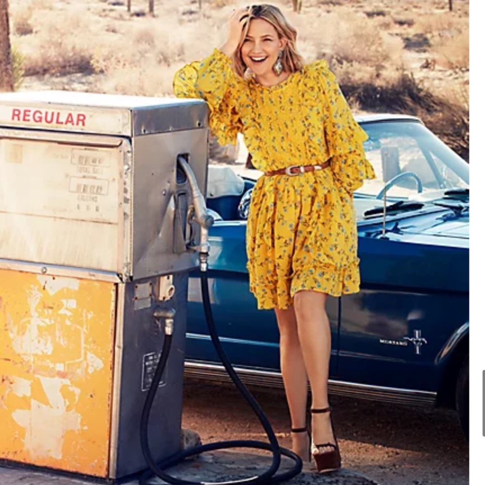 Happy X Nature Women's S Yellow Floral Ruffle Meadow Dress Cotton Kate Hudson
